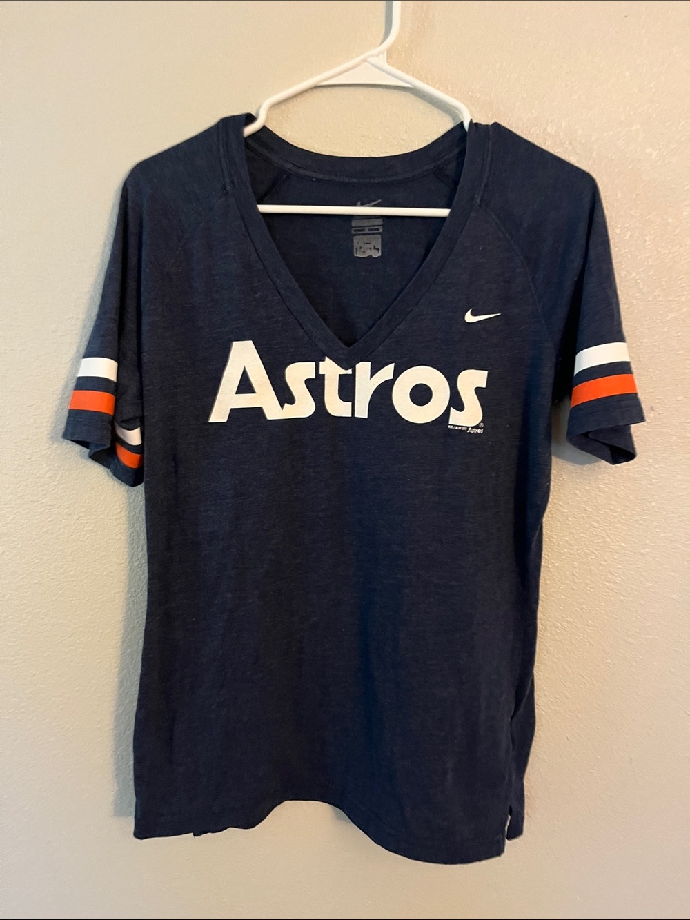 Nike Navy Astros V-Neck Tee with White and Orange Accents